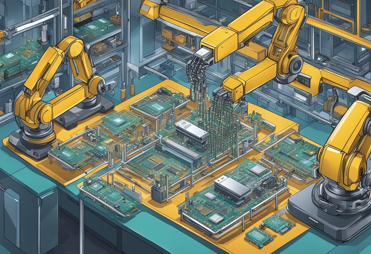 Robotic arms precisely place microchips onto circuit boards in a state-of-the-art assembly line