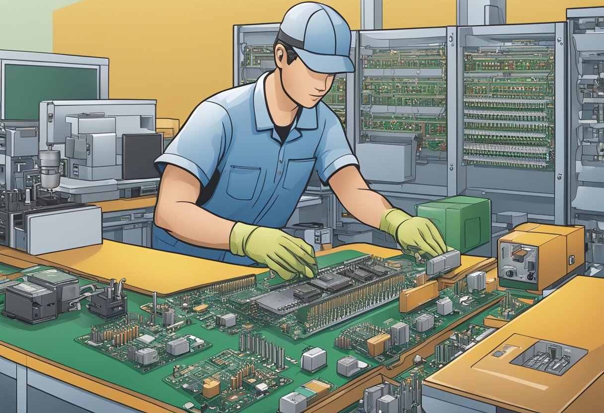 A technician carefully places electronic components onto a printed circuit board at a Michigan assembly facility