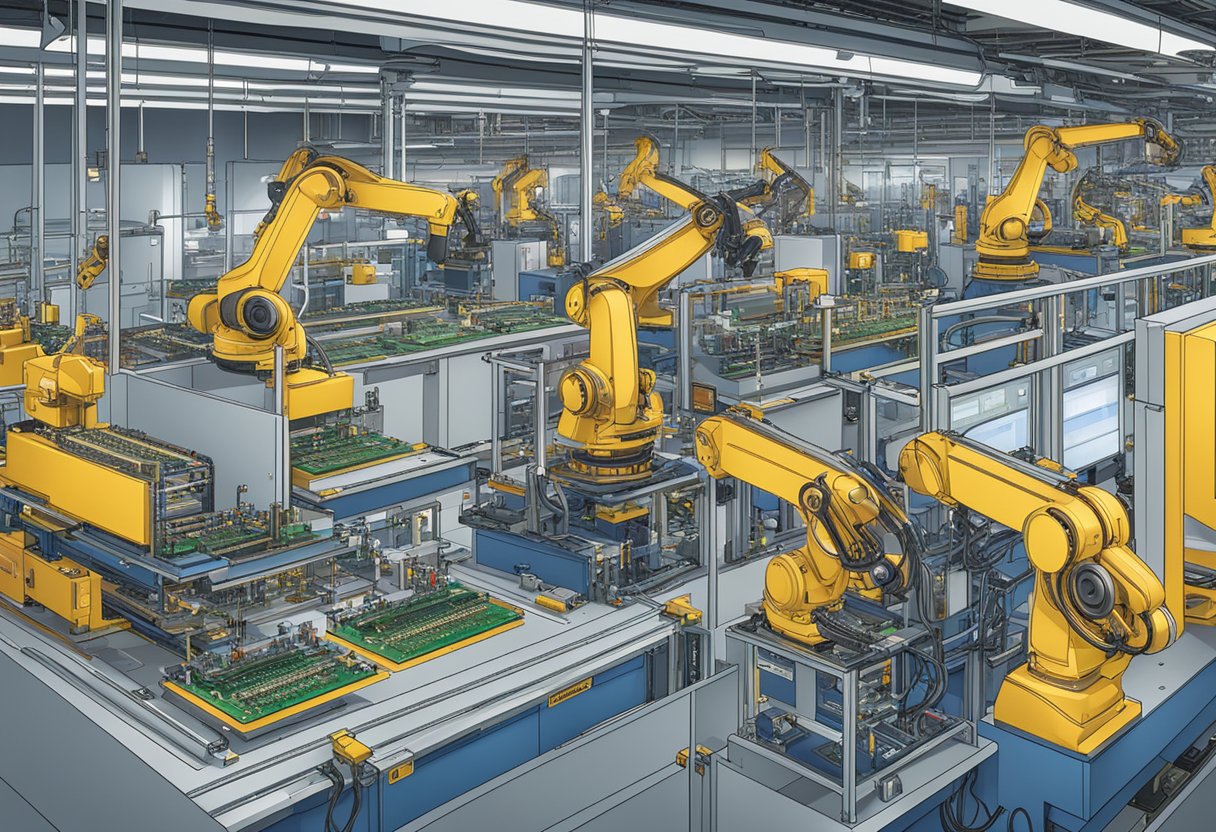 Advanced machines assemble PCBs in a Michigan factory, with robotic arms placing components on circuit boards. High-tech equipment ensures precision and efficiency in the assembly process