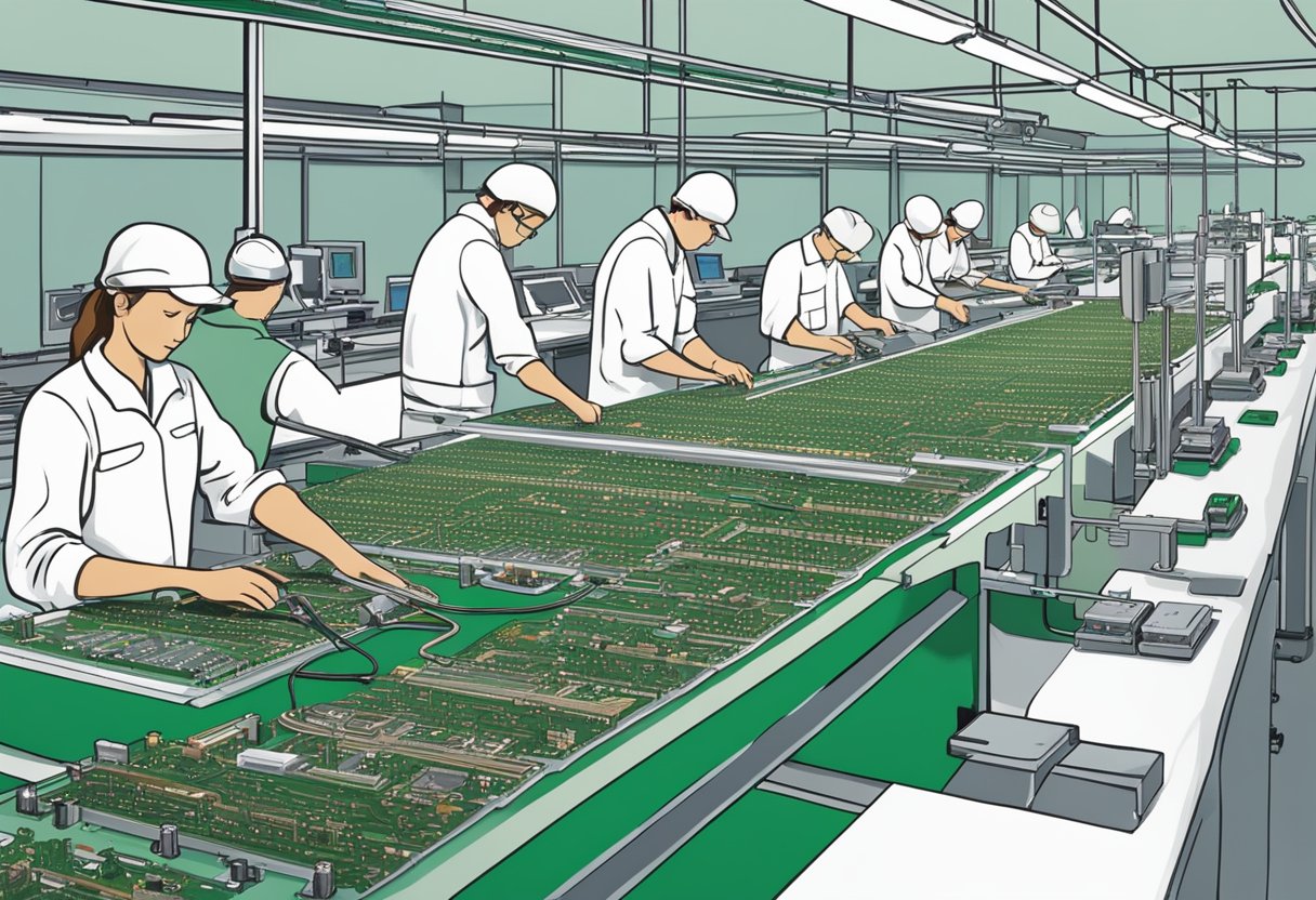 An assembly line of PCB components being soldered onto circuit boards in a Canadian manufacturing facility