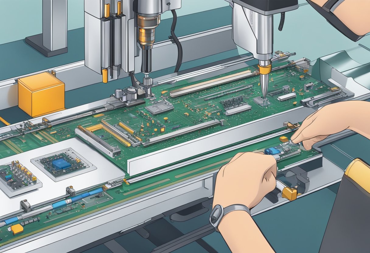 Soldering iron joins components on PCB. Conveyor moves boards through assembly line. Quality control inspects finished products