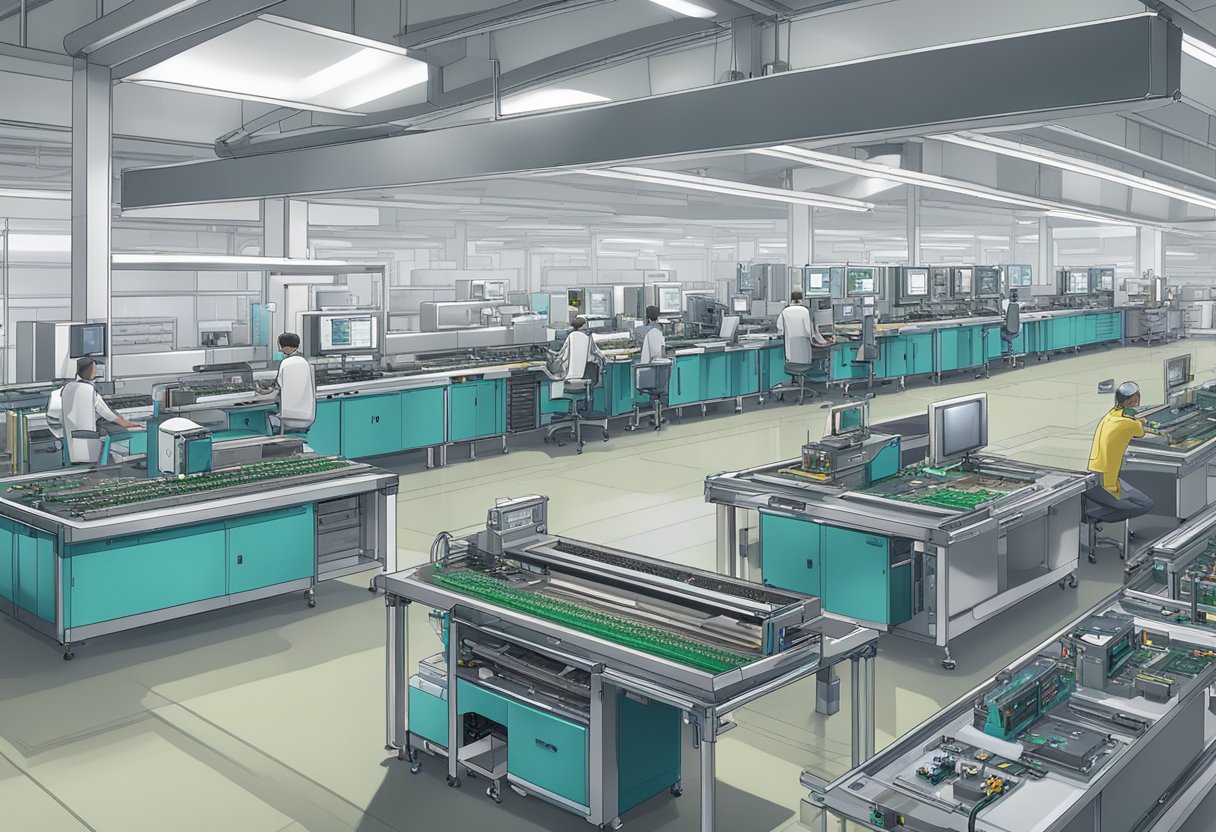An assembly line of PCB components arranged in the main LG price, with machines and tools in the background