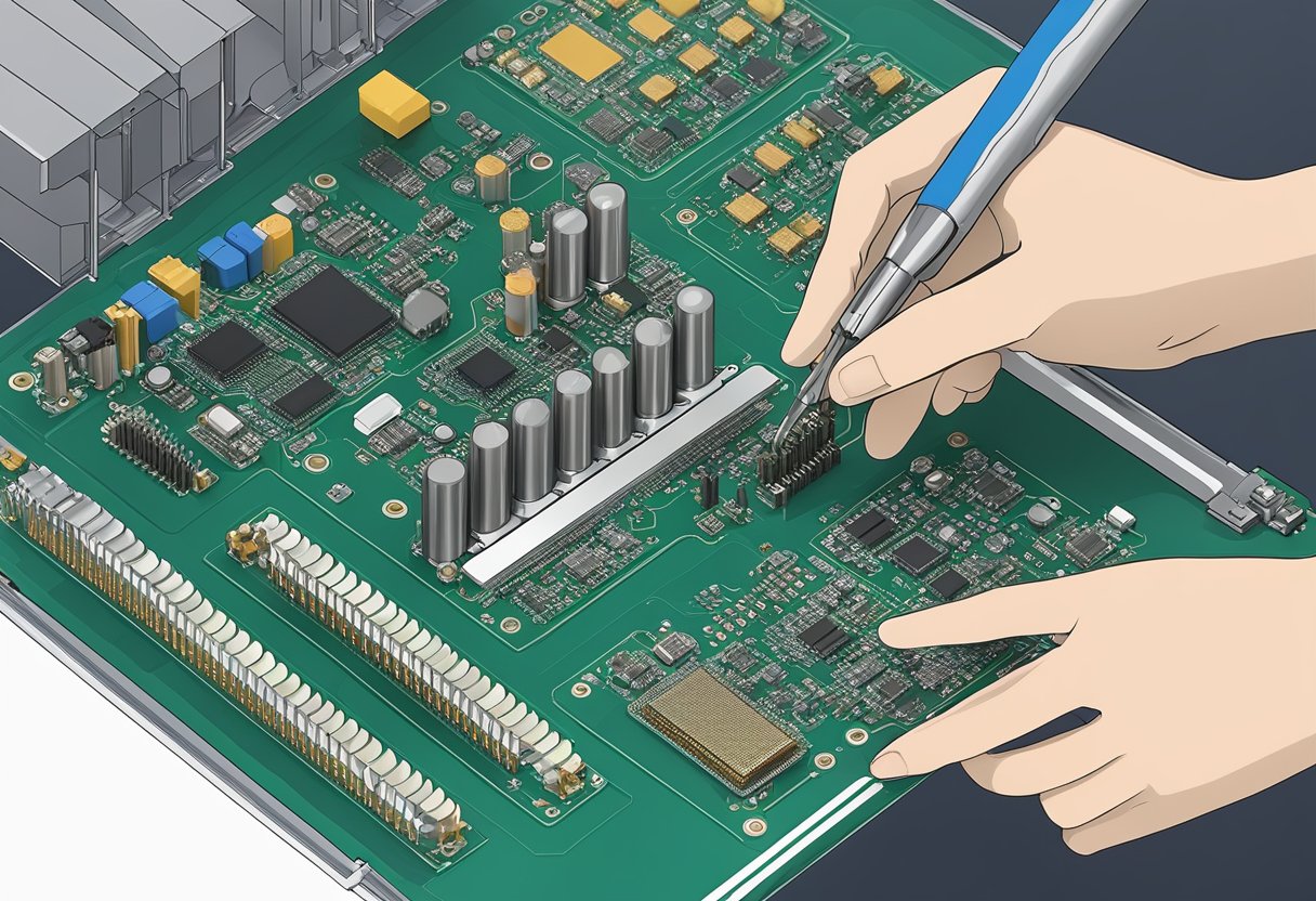 Components being placed on a flexible PCB assembly, with soldering equipment nearby