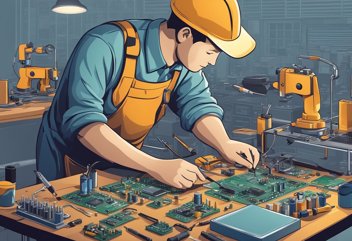 Workers assemble PCB components on a workbench with soldering iron and magnifying glass