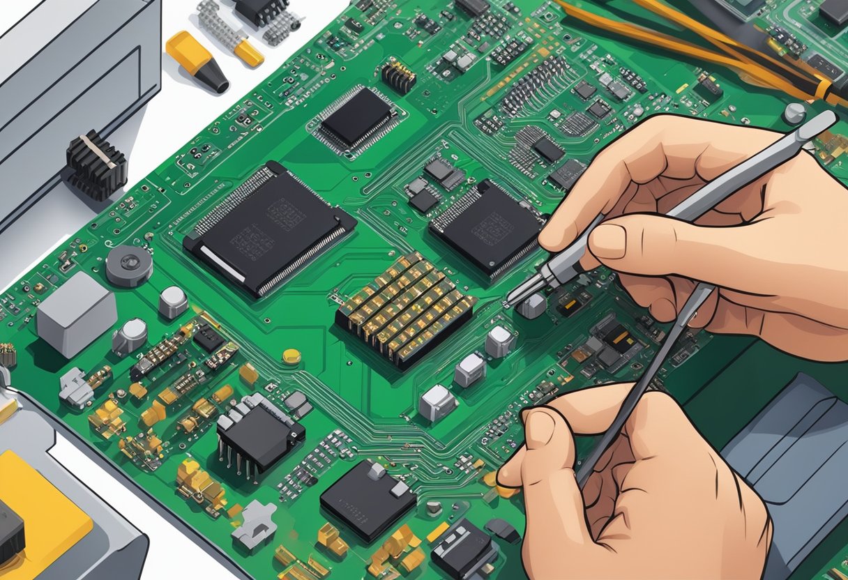 A person placing electronic components onto a printed circuit board using hand tools