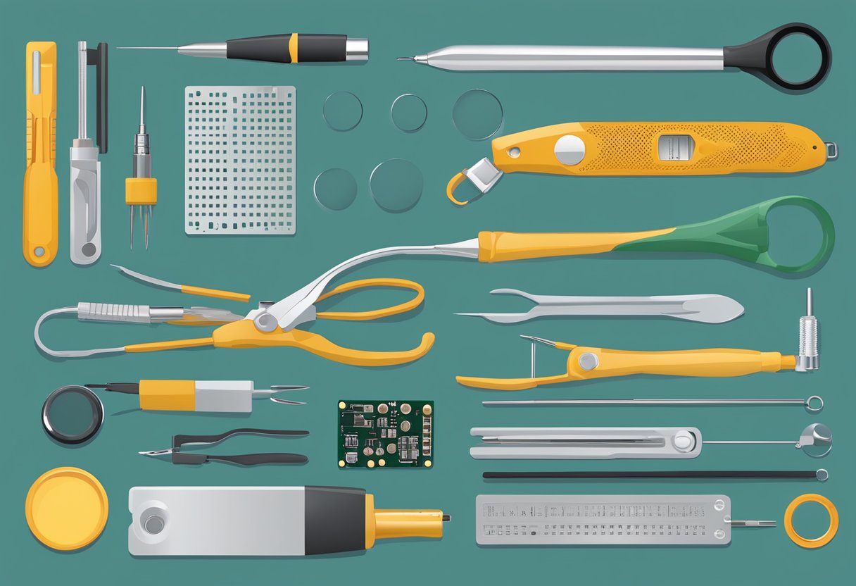 Tools and equipment laid out for hand assembling PCBs. Soldering iron, tweezers, magnifying glass, and PCB components