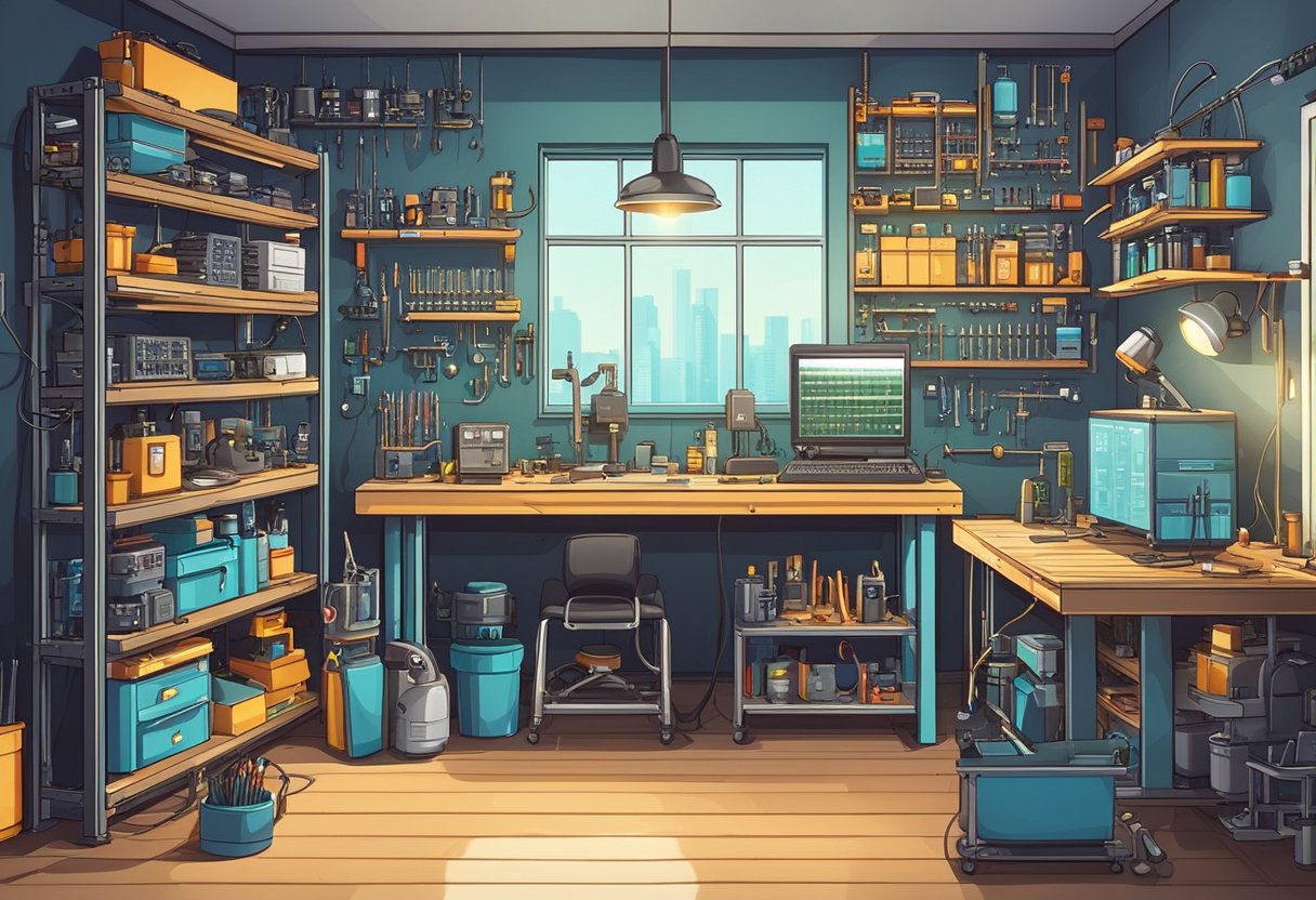Workbench with soldering iron, circuit boards, and electronic components. Brightly lit room with shelves of tools and parts