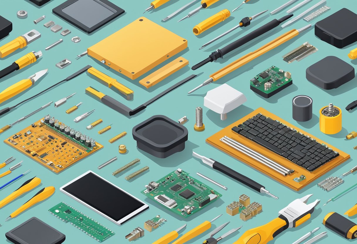 A table with various electronic components, soldering iron, and PCB board, surrounded by tools and equipment for assembly