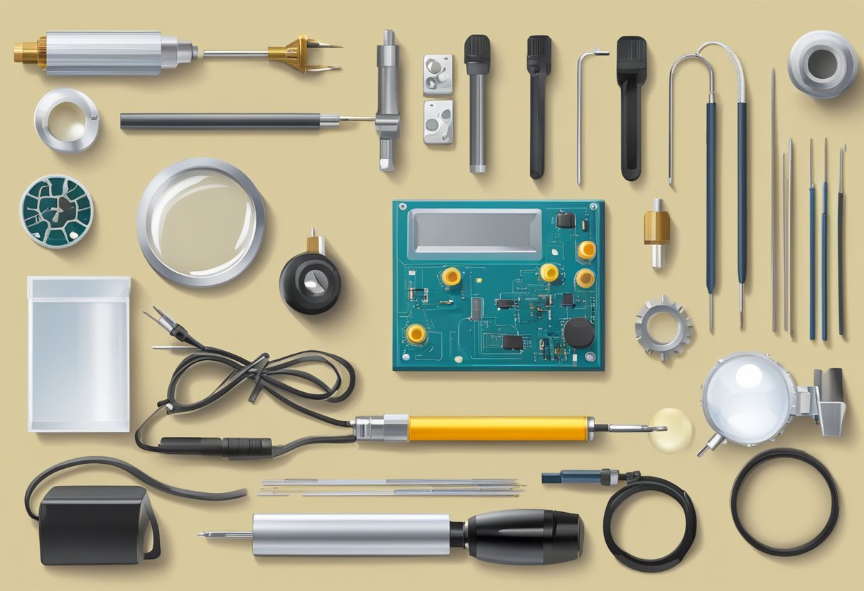 A workbench with soldering iron, magnifying lamp, and various electronic components arranged for assembly