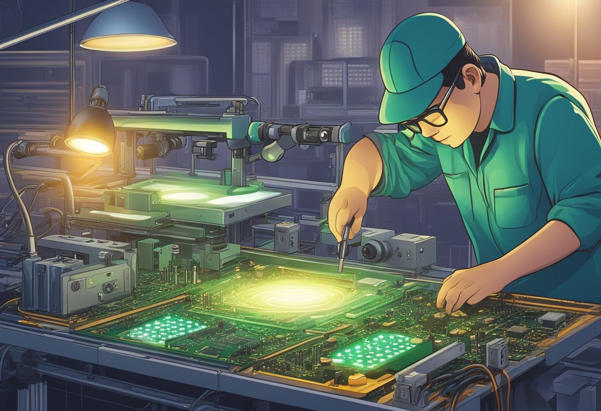 A technician inspects PCBs under bright lighting, using magnifying tools and precision instruments for quality control