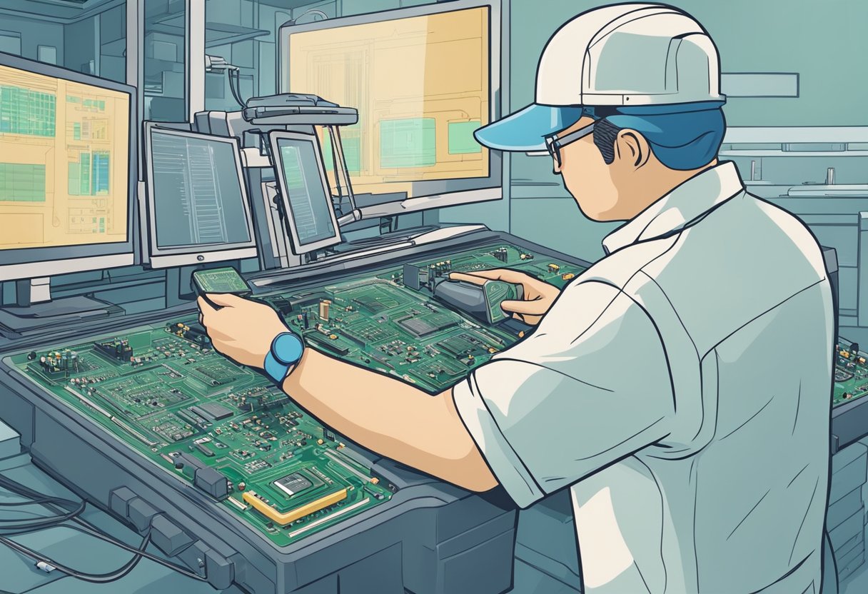 An inspector examines PCB assembly for quality control