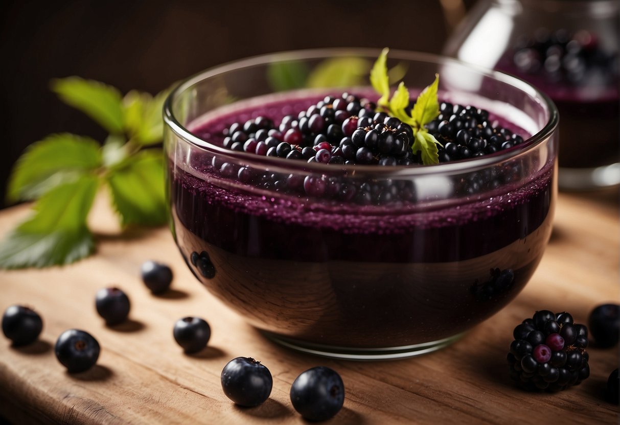 Elderberries being crushed and juiced in a wooden press, with deep purple liquid flowing into a glass jar