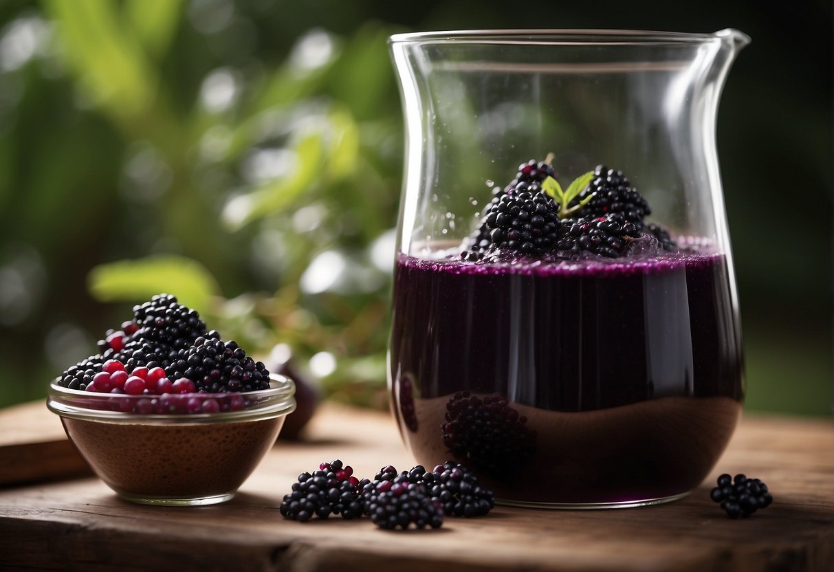 Elderberries are being crushed and juiced in a large stone mortar, with the rich purple liquid flowing out into a waiting glass jar