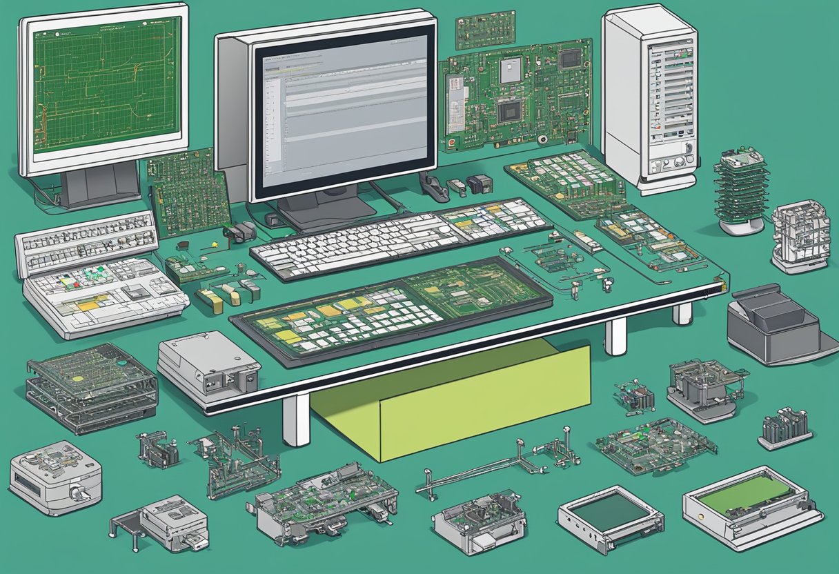 PCB components arranged neatly on a workbench with a computer screen displaying instant assembly quotes