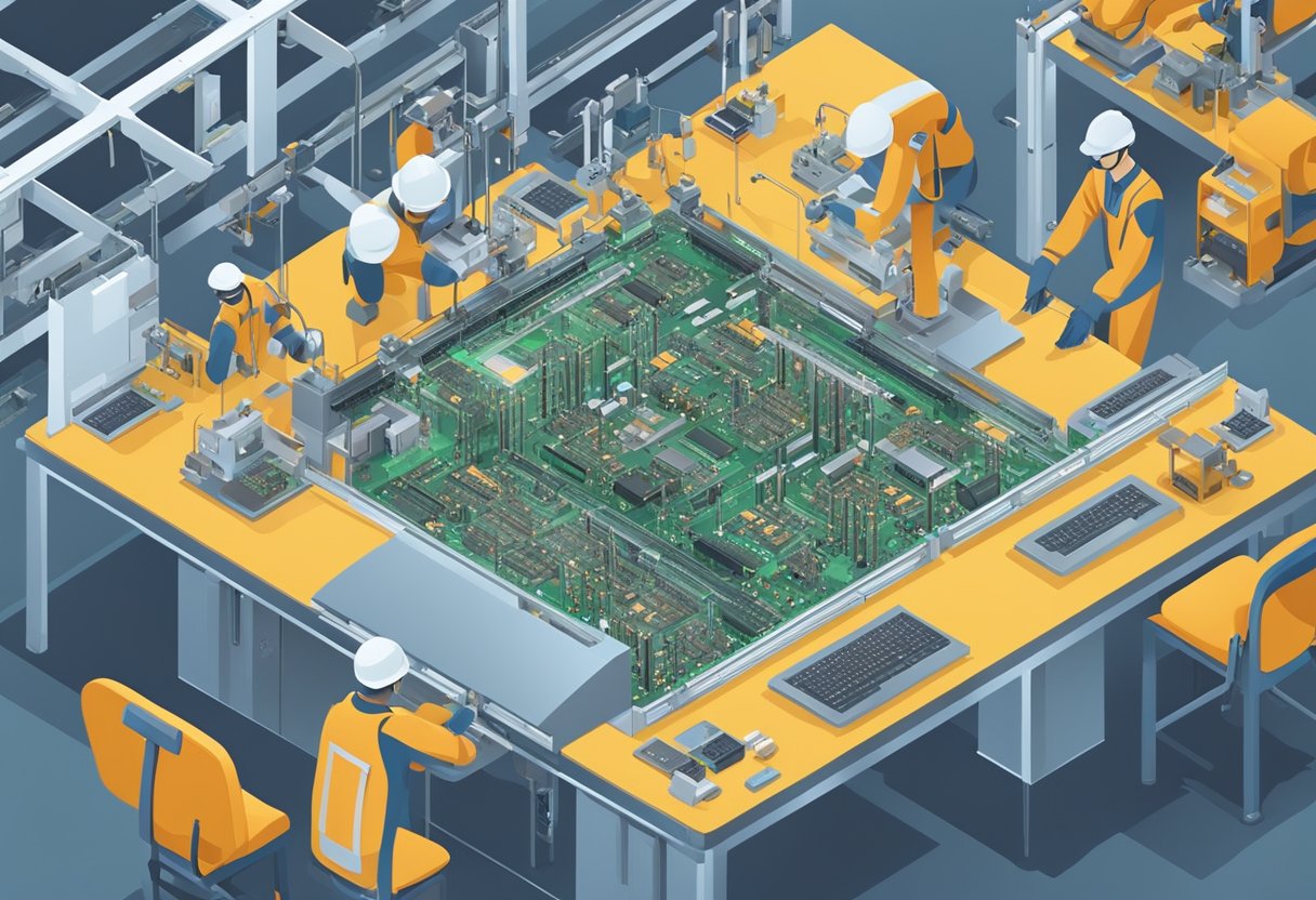 Multiple machines assembling PCBs in a fast-paced factory setting. Components being placed and soldered onto the boards with precision and efficiency