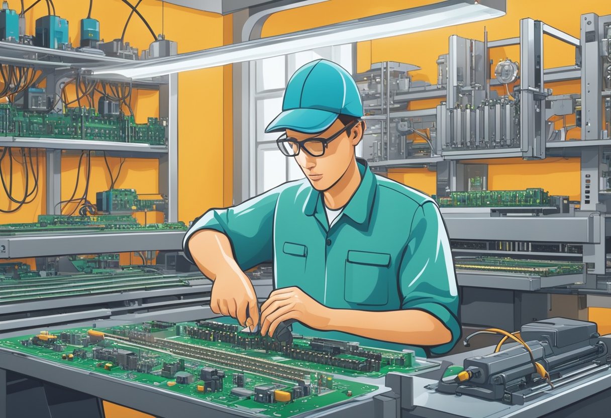 A technician assembles circuit boards with precision tools and machinery in a well-lit, organized manufacturing facility