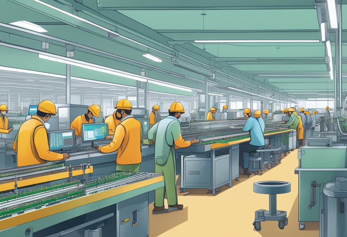 A busy PCB assembly line in Bangalore with machines, conveyor belts, and workers in a modern industrial setting