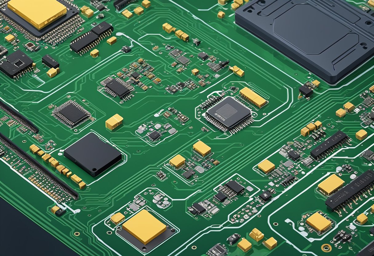 Various electronic components are being assembled onto a printed circuit board using specialized software integration tools