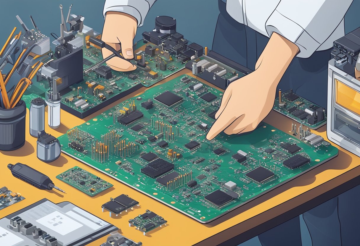 A technician assembles small volume PCBs on a workbench with various electronic components and tools scattered around