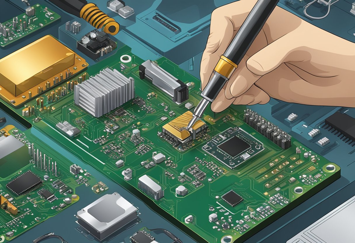 Components being soldered onto a printed circuit board, with testing equipment nearby
