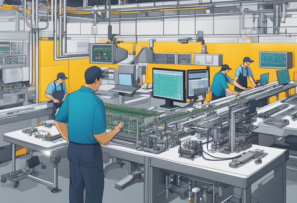 Various components, machines, and tools surround a PCB assembly line, with workers monitoring the process. Cost calculators and data sheets are visible