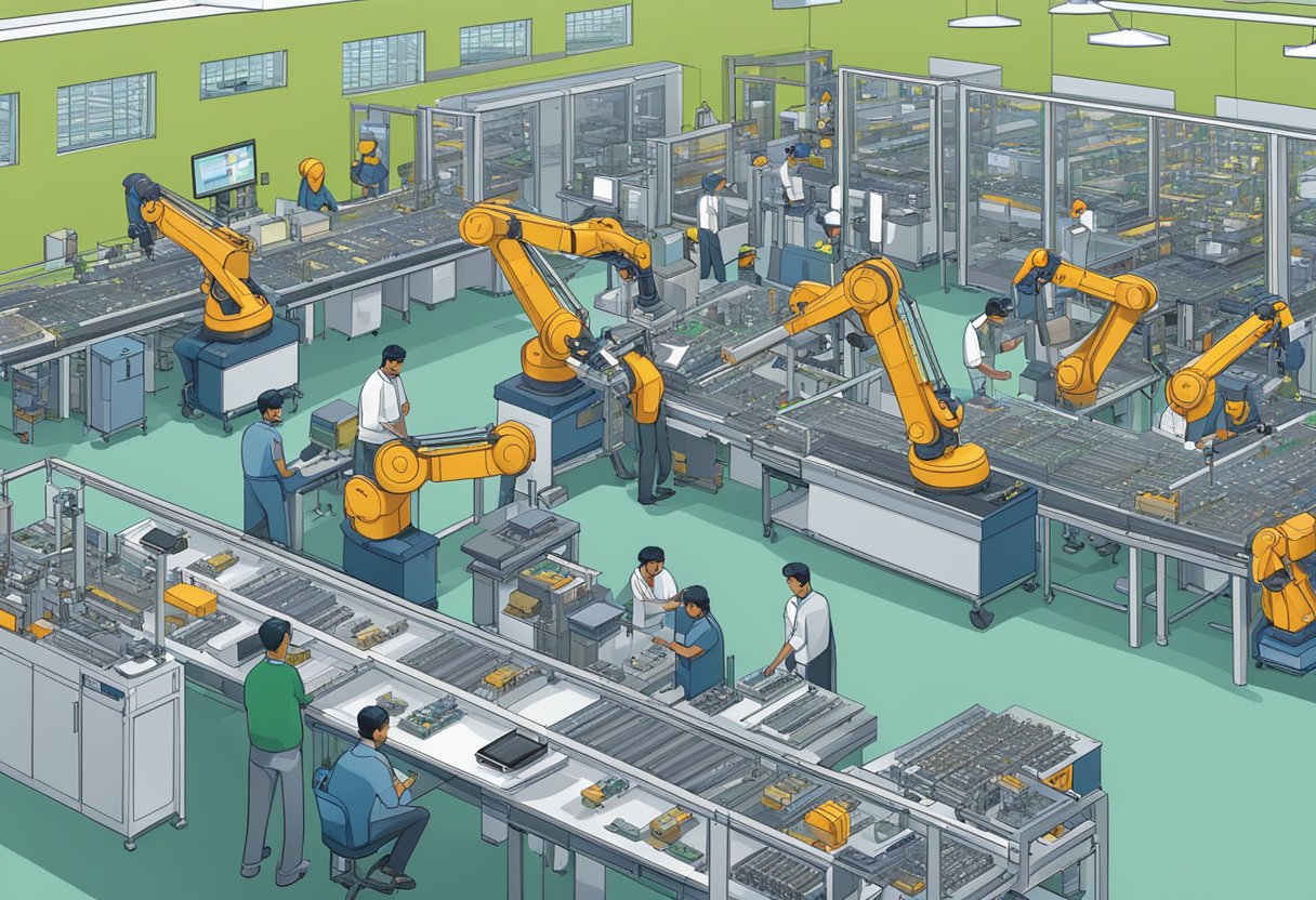A bustling factory floor in Bangalore, with robotic arms assembling PCBs on conveyor belts, technicians monitoring the process, and stacks of electronic components ready for production