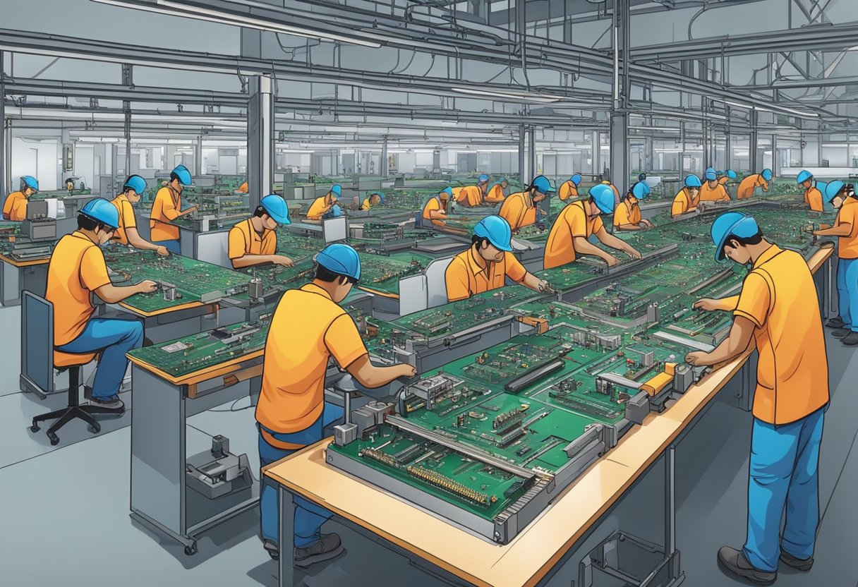 A busy factory floor with workers assembling PCBs in Bangalore. Machinery hums as components are carefully placed and soldered onto the circuit boards