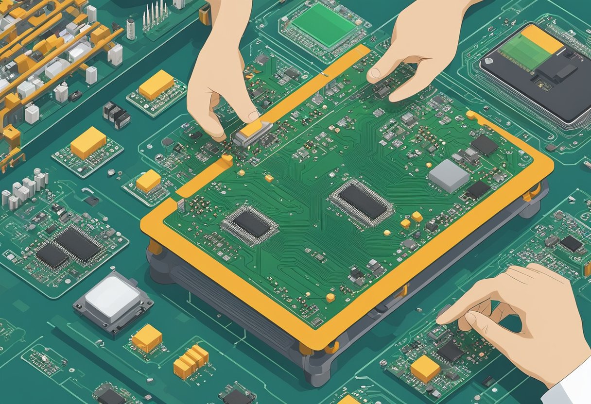 An array of electronic components being meticulously assembled onto a printed circuit board in a clean and well-lit facility in Singapore