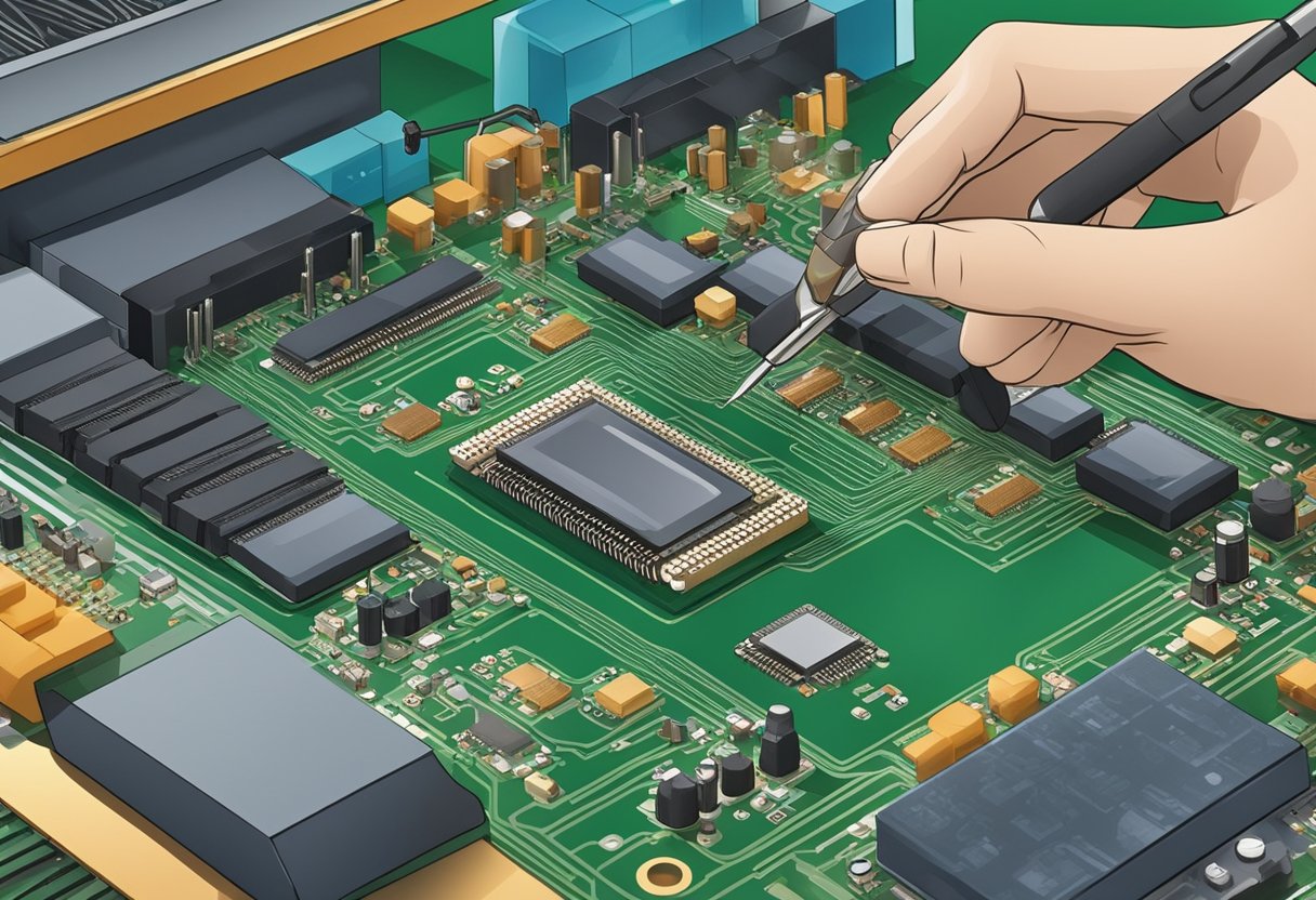 Components being placed on a printed circuit board using pick and place machines. Solder paste being applied and components being soldered using reflow ovens