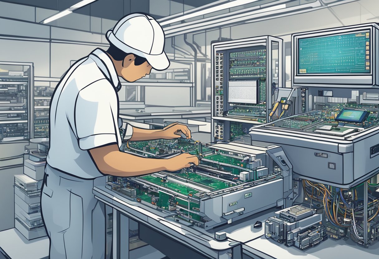 A technician carefully placing electronic components on a printed circuit board in a clean and well-lit assembly facility in Singapore