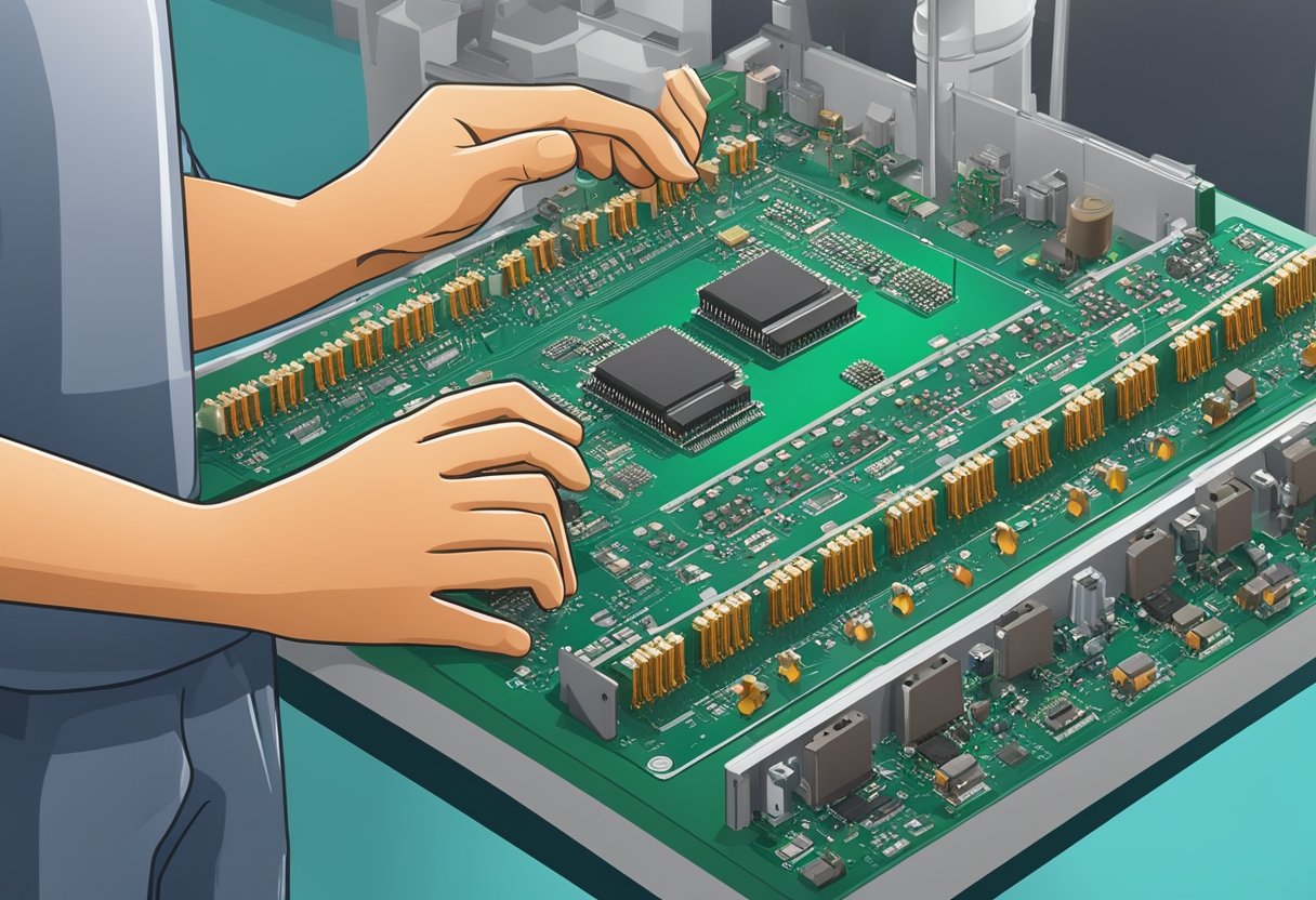 An array of electronic components being assembled onto a printed circuit board in a manufacturing facility in Coimbatore