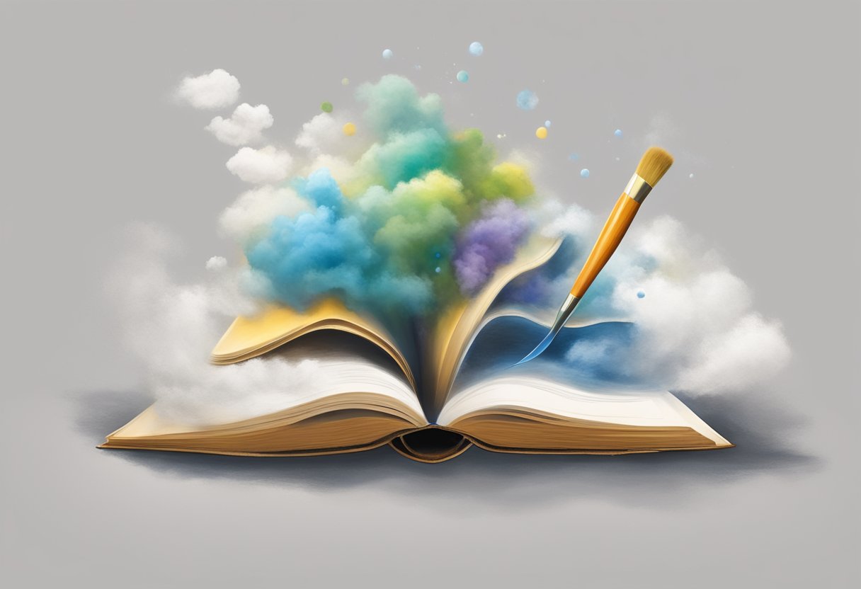 A book and paintbrush emerge from a cloud of doubt, symbolizing the origin and evolution of disbelief in literature and art