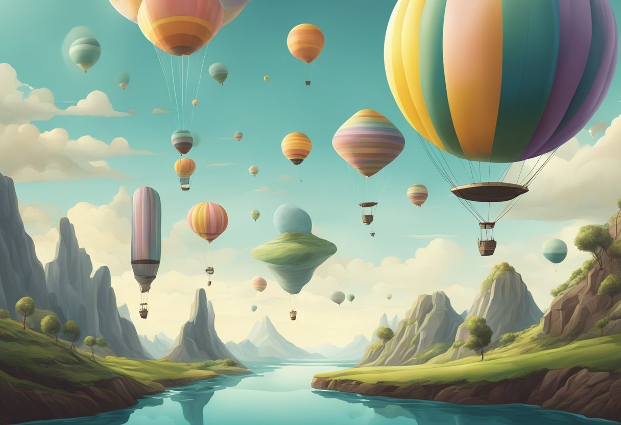 A surreal landscape with floating objects defying gravity