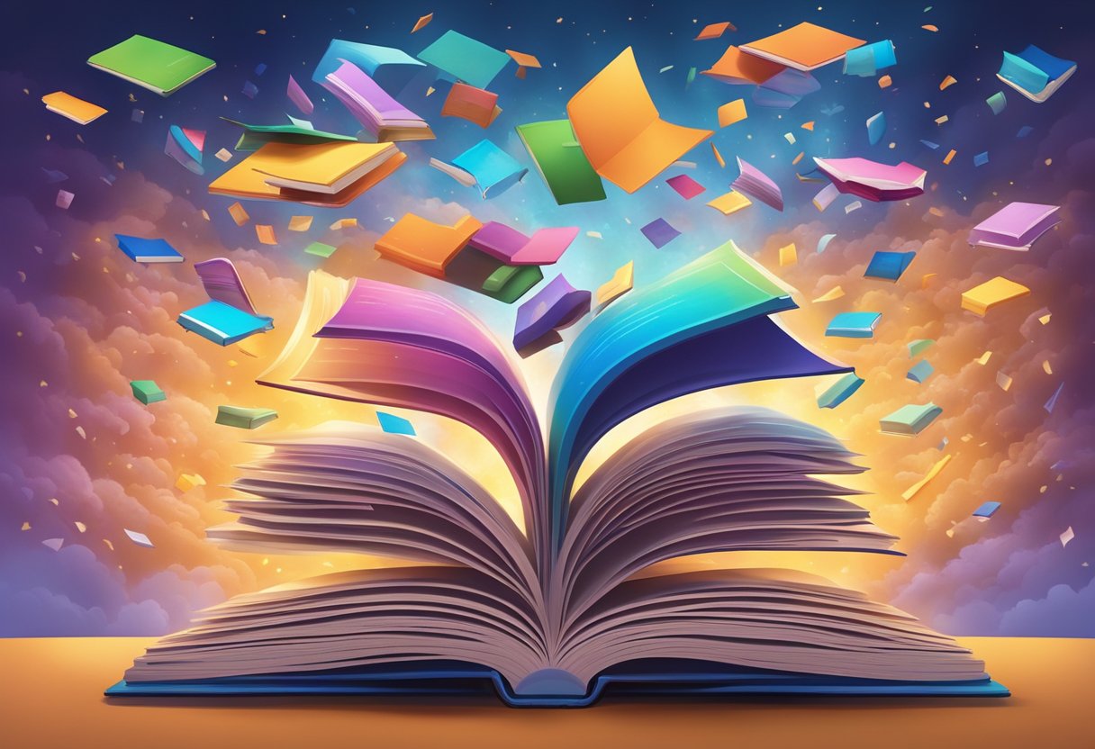 A book floating in mid-air, surrounded by swirling words and vibrant colors, emanating a sense of wonder and imagination