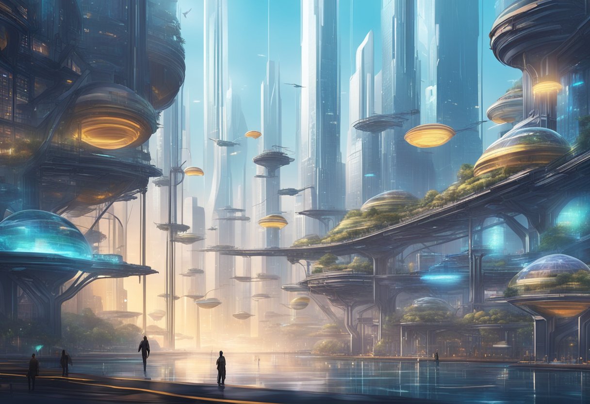 A futuristic cityscape with floating structures and holographic displays, showcasing the concept of suspension of disbelief in literature and art