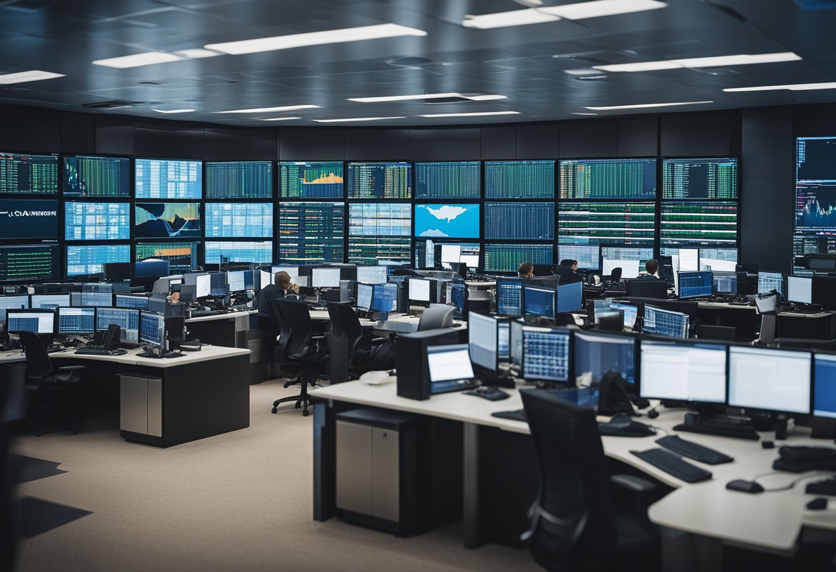 A bustling trading floor with computer screens, telephones, and traders in action at GTS Capital