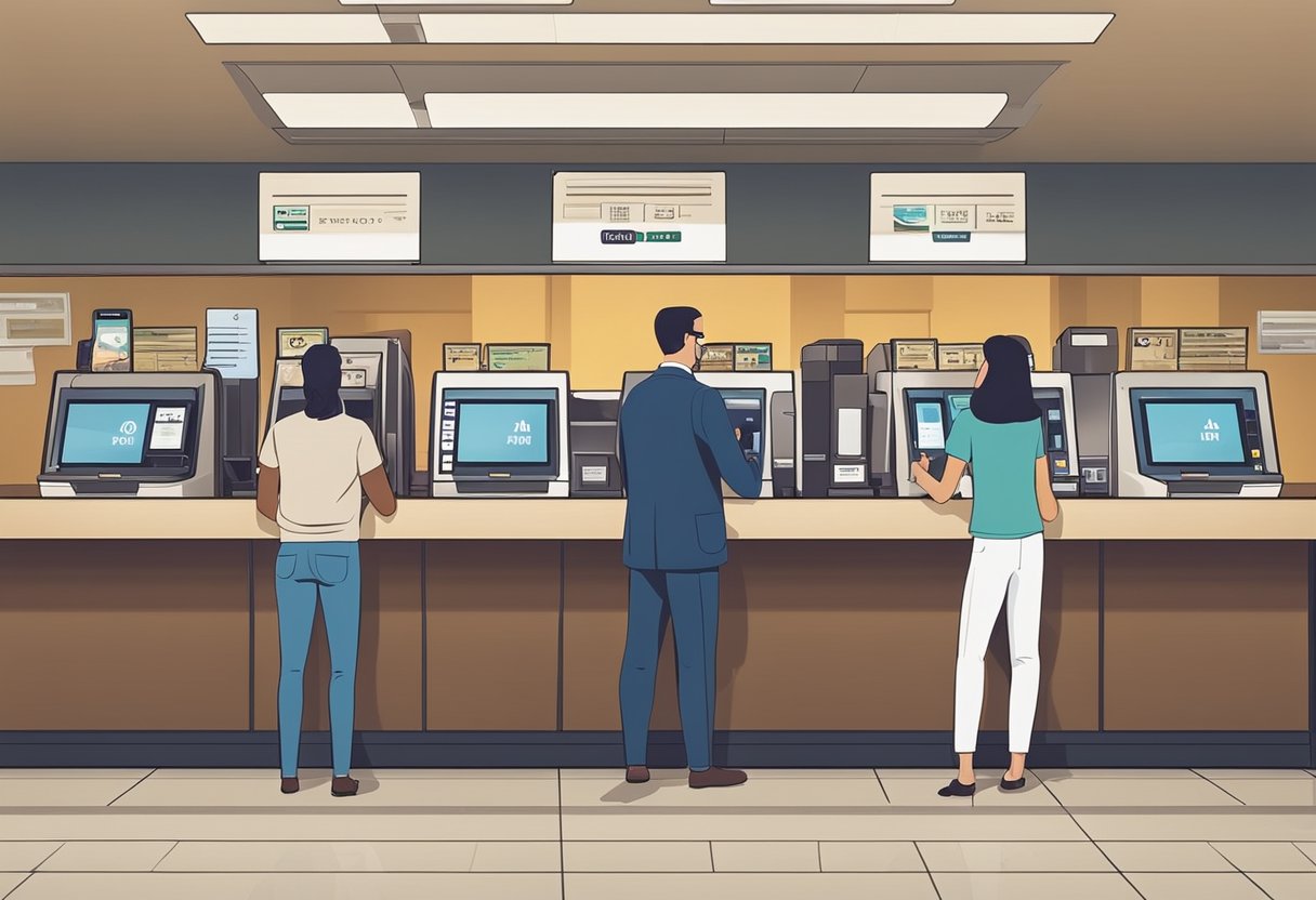A busy bank teller processes transactions at Deposits and Withdrawals GTS Capital. Customers wait in line, while others use the ATM
