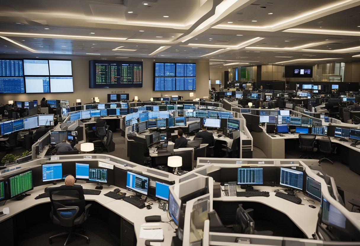 The bustling trading floor of GTS Capital, filled with traders, screens, and flashing numbers, creates a dynamic and fast-paced atmosphere