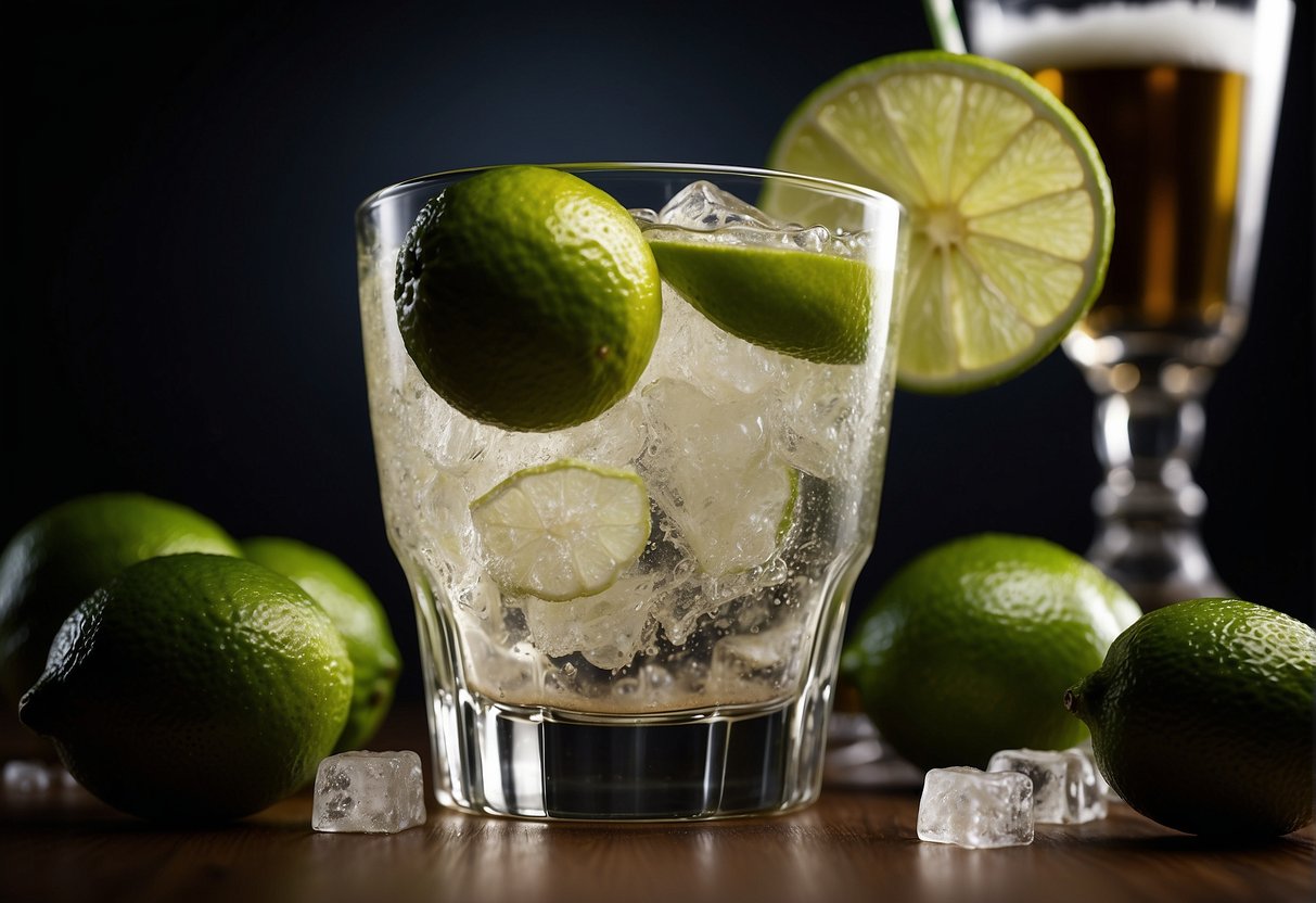 Limes being squeezed into a glass, with sugar and cachaça being added, and ice cubes being stirred in