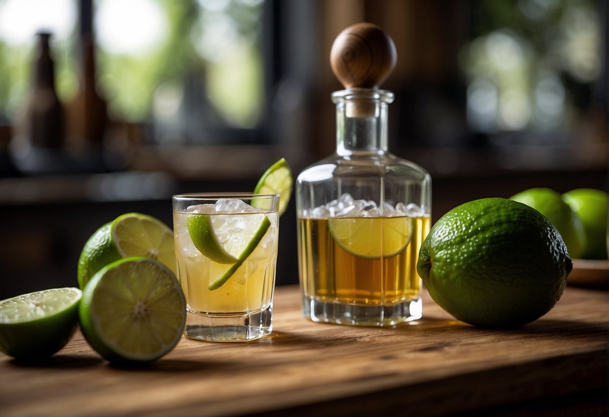 A wooden muddler crushes fresh limes in a glass, as a bottle of cachaça and sugar sit nearby. Ice cubes wait in a bowl, ready to be added to the mix