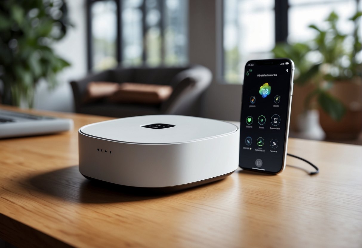 The Aeotec smart home hub is being placed on a flat surface, with cables connected to it and a smartphone nearby for setup