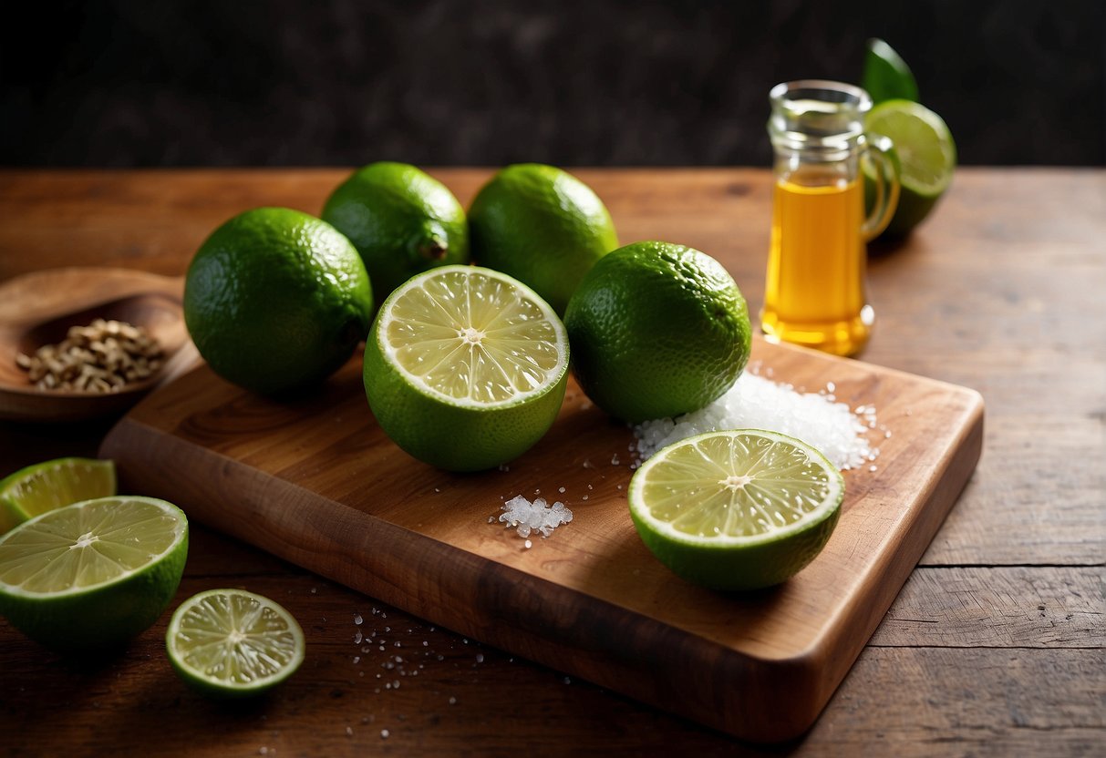 A wooden cutting board with limes, sugar, and a bottle of cachaça. A knife and a citrus juicer are nearby