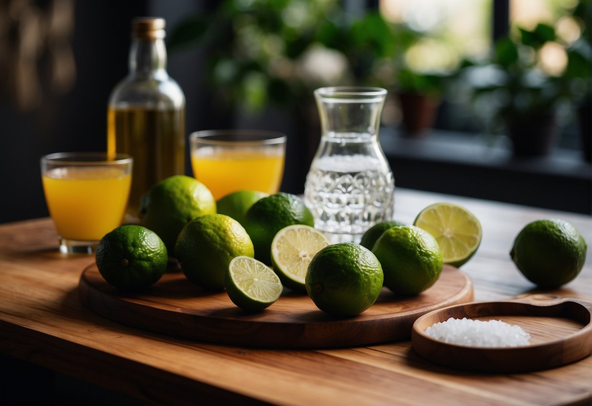 A table with ingredients: limes, sugar, ice, and a bottle of cachaça. A cutting board, knife, and juicer are nearby