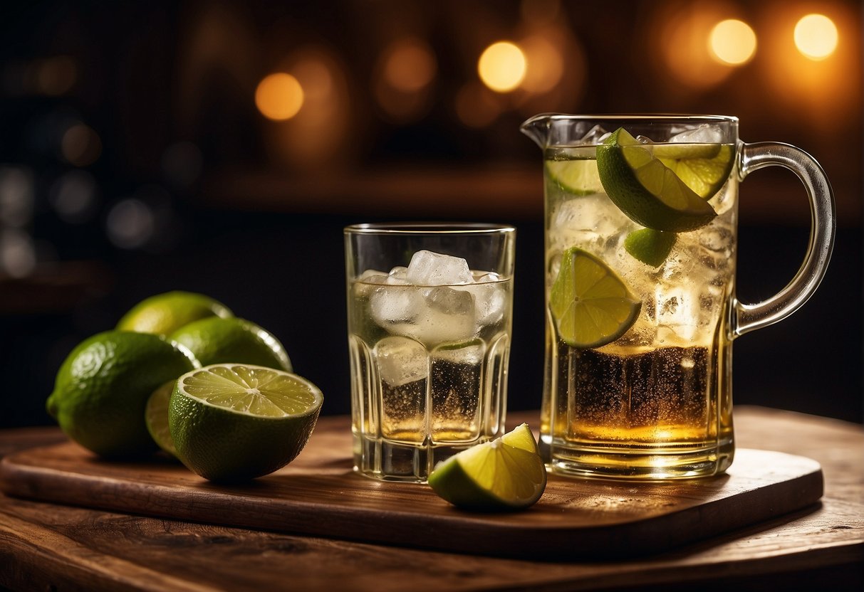 A table with cachaça, limes, sugar, and a muddler. A cutting board with sliced limes. A glass with ice. An empty glass nearby