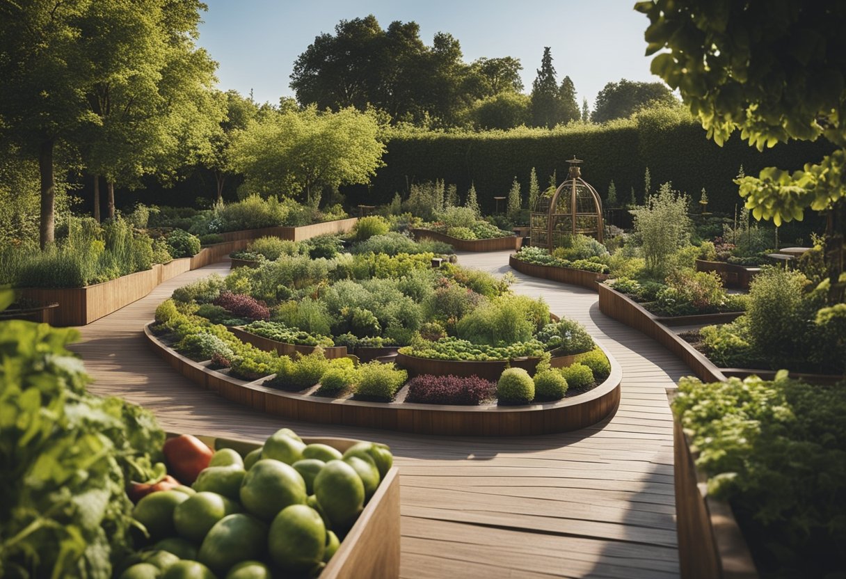 A garden with a variety of fruits, vegetables, and herbs arranged in a visually appealing and organized manner, with pathways and seating areas integrated into the design
