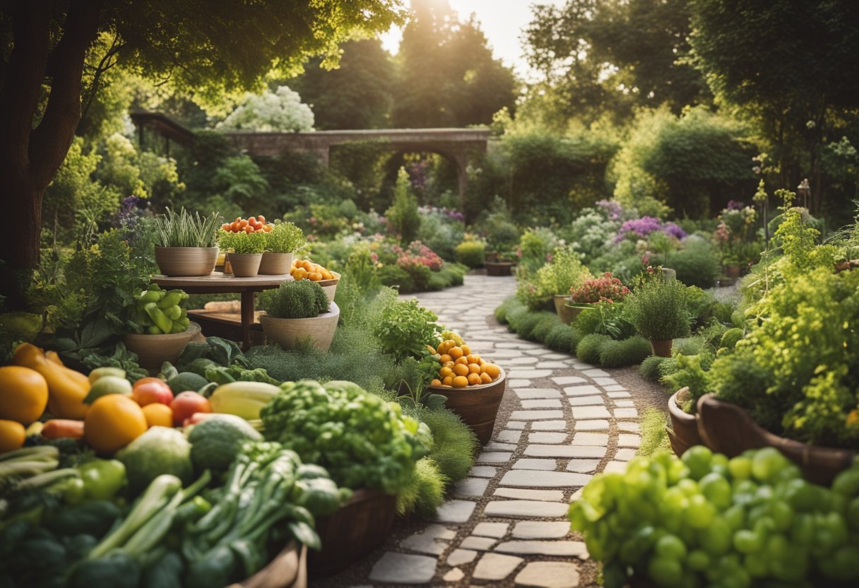 Lush garden with colorful fruits, vegetables, and herbs intermingled with flowers. A pathway winds through the vibrant landscape, leading to a cozy outdoor seating area