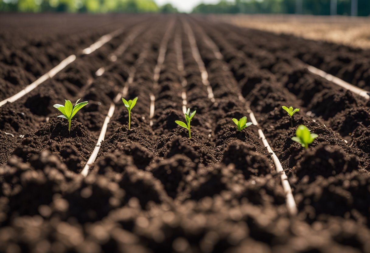 Soil is tilled and amended with compost. Seeds and seedlings are carefully planted in neat rows. Mulch is spread to retain moisture