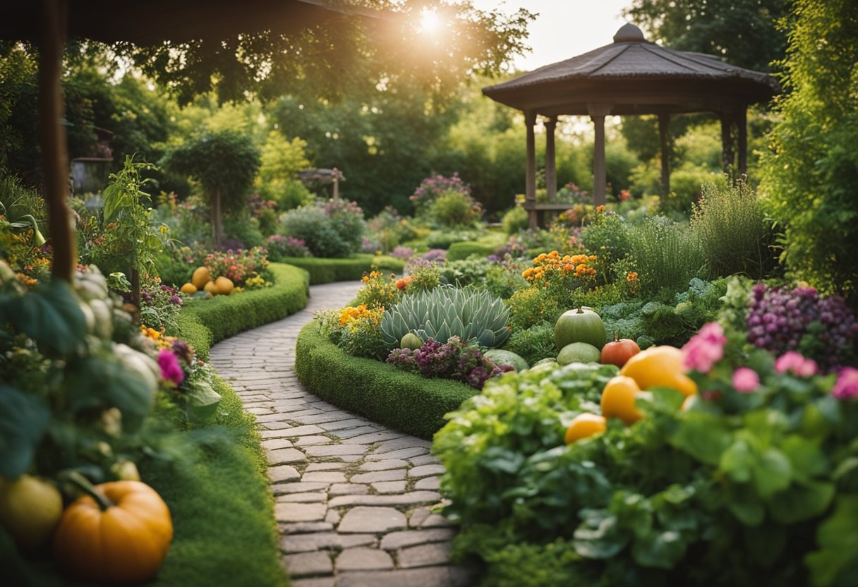 A lush garden with a variety of fruits, vegetables, and herbs intermingled with colorful flowers and greenery. A small path winds through the landscape, leading to a cozy seating area