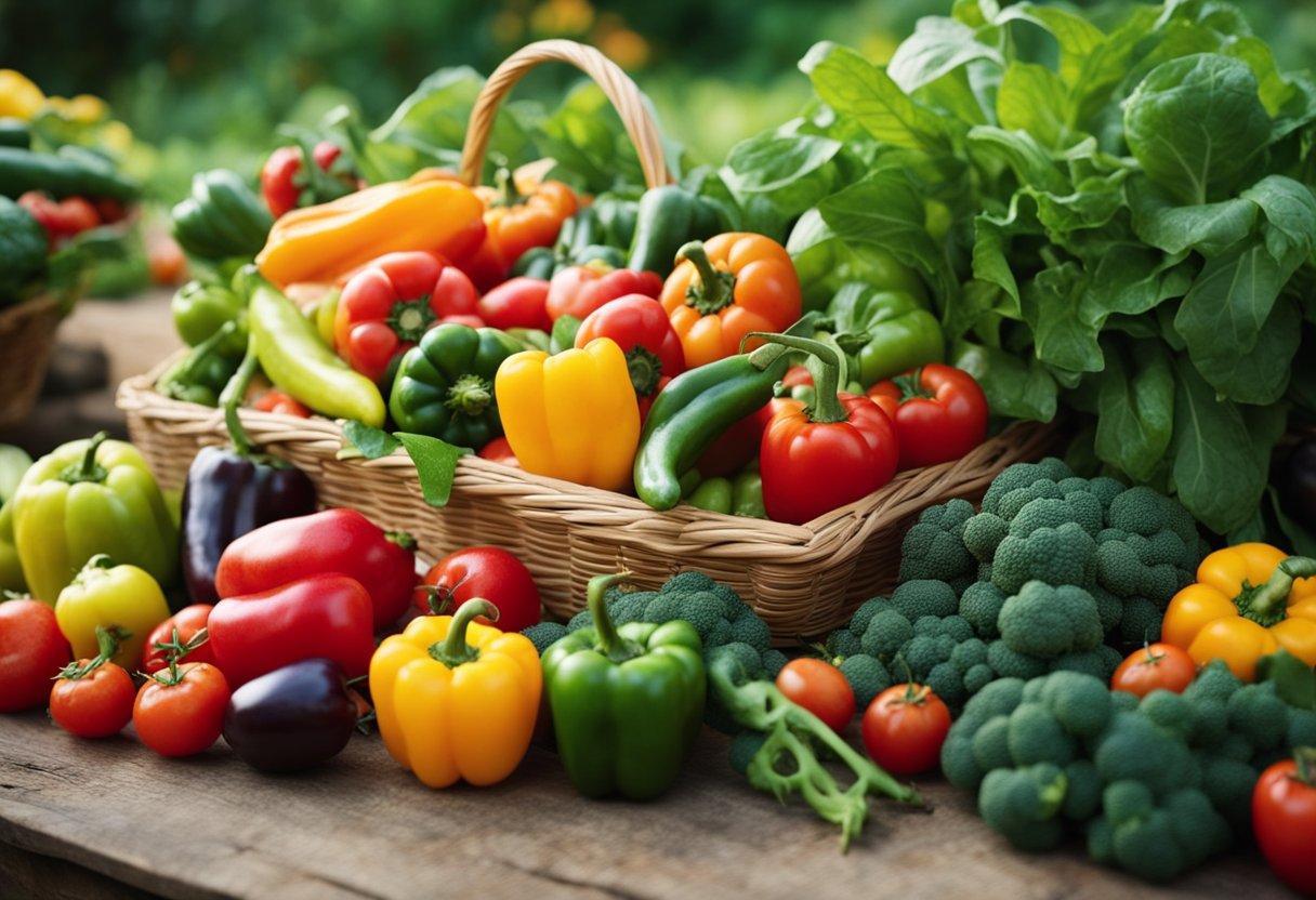 A variety of fruits and vegetables are being harvested from a lush, vibrant garden. The bounty includes colorful peppers, juicy tomatoes, plump berries, and leafy greens. The scene exudes abundance and productivity
