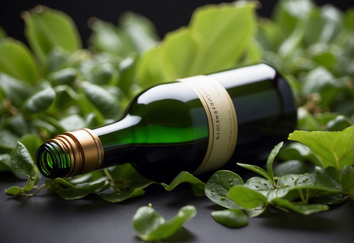 A bottle of wine with a succupira seed floating inside, surrounded by vibrant green leaves